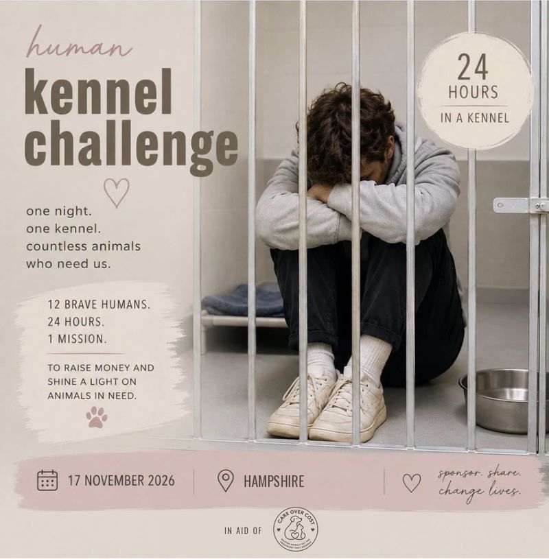 Human Kennel Challenge flyer: one night, one kennel, countless animals who need us. 17 November 2026, Hampshire.