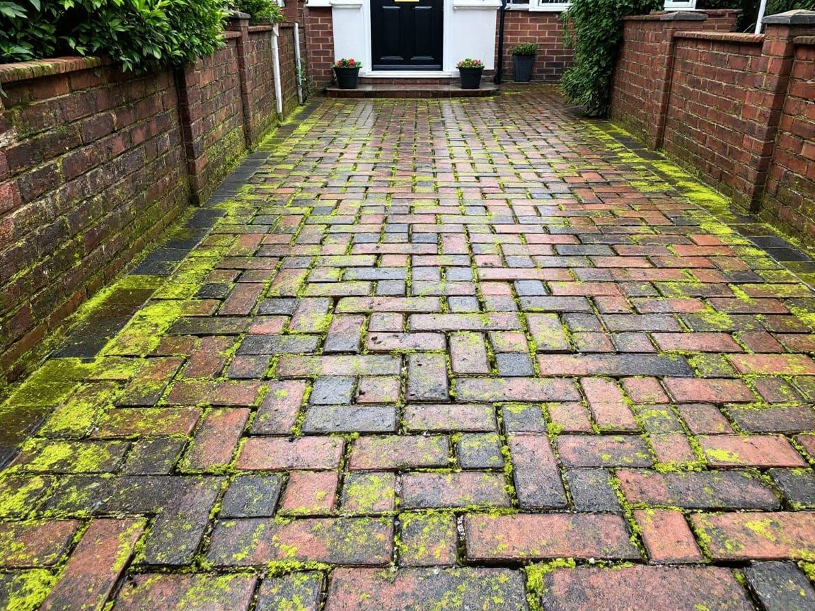 Grimy algae-covered block paving before jet washing