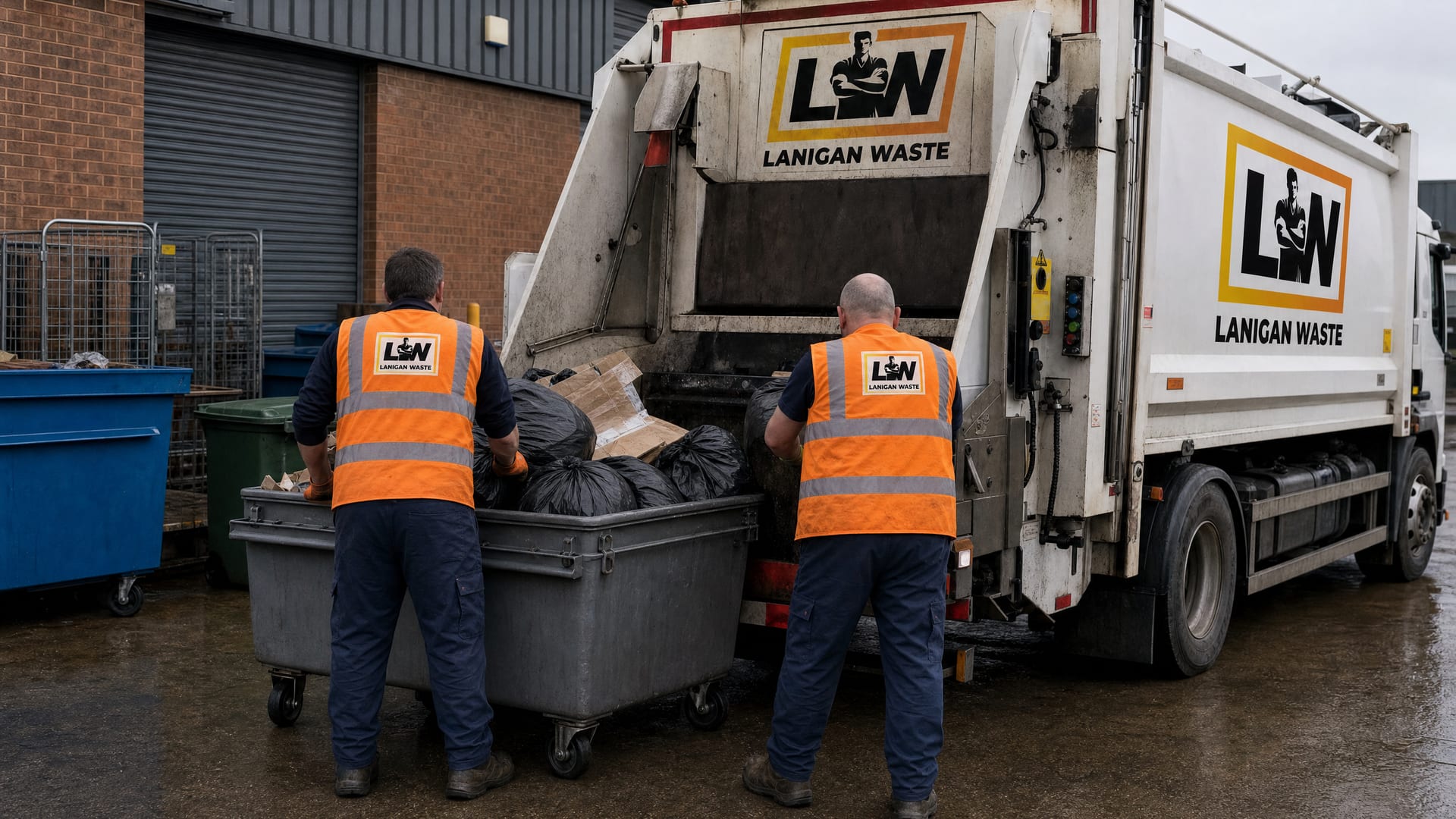Lanigan Waste crew and van collecting commercial waste