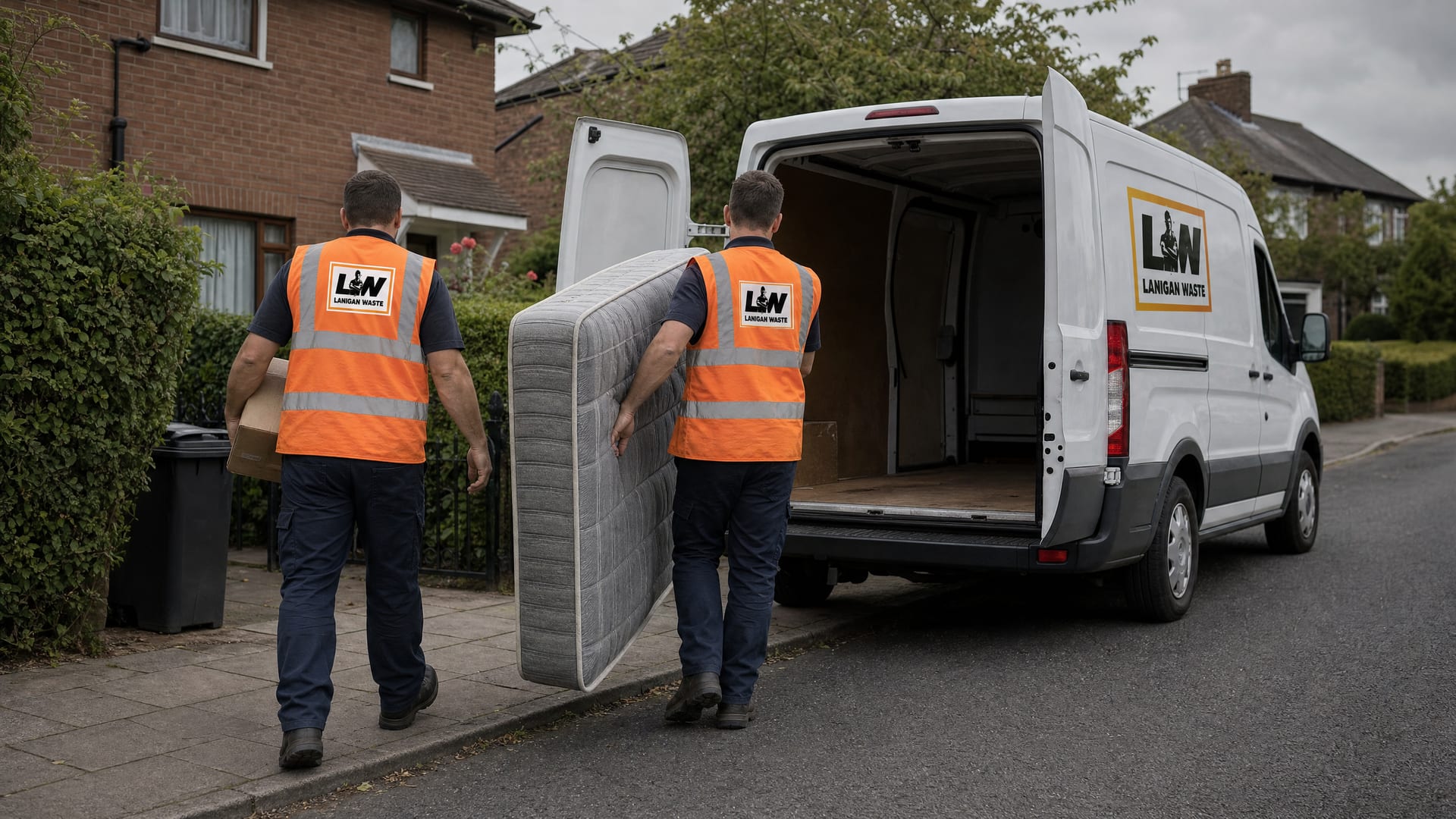 Lanigan Waste liveried crew loading household furniture into their van
