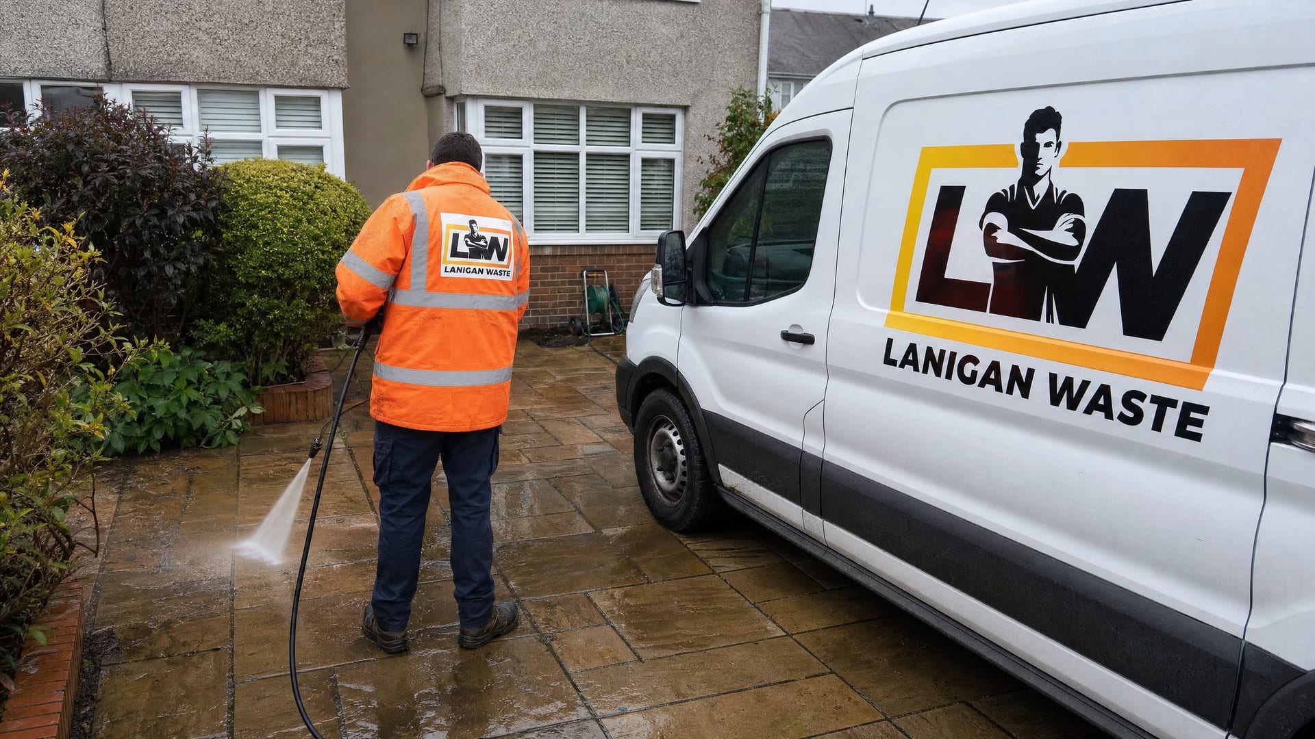 Lanigan Waste crew jet washing a driveway