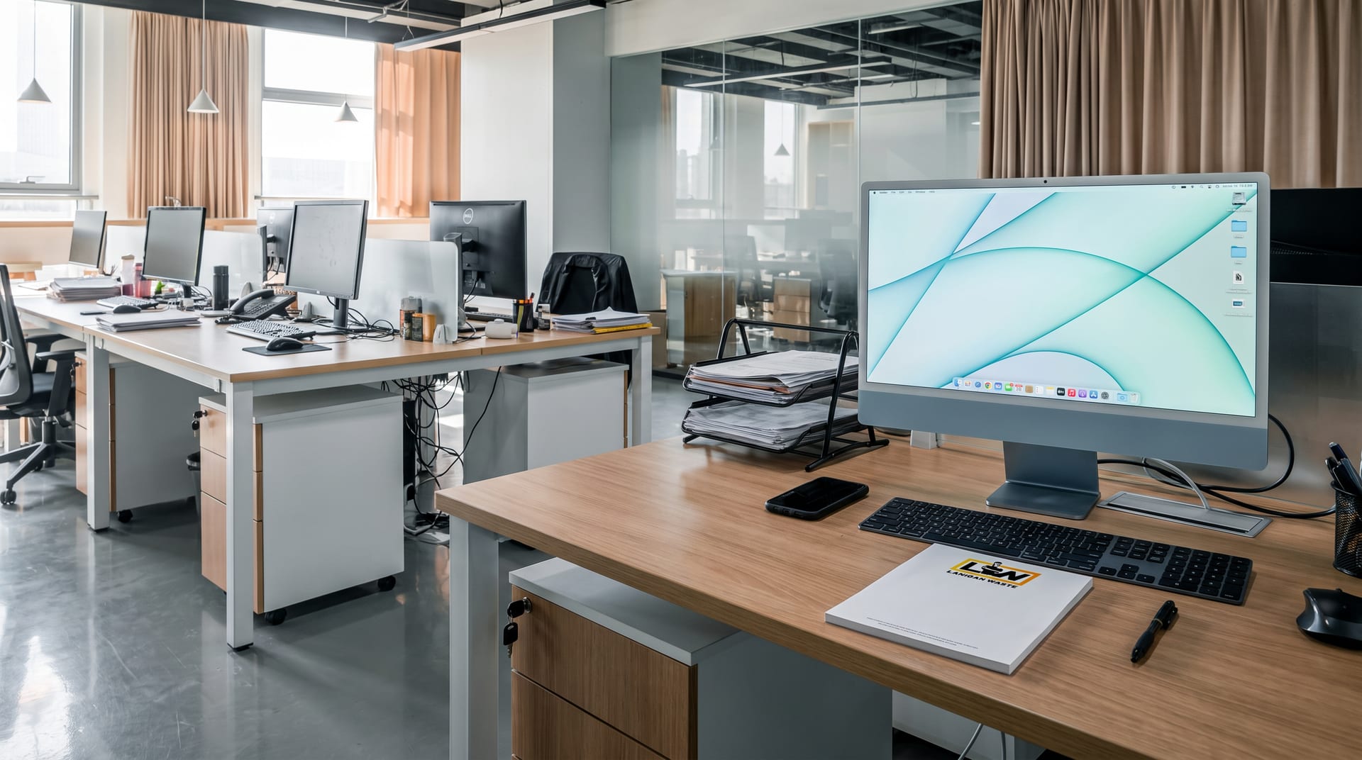 Lanigan Waste office desk with branded notepad, ready to take your call