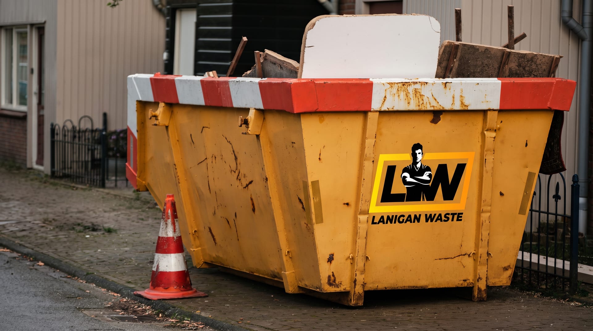 Yellow Lanigan Waste skip loaded with builders' waste outside a house