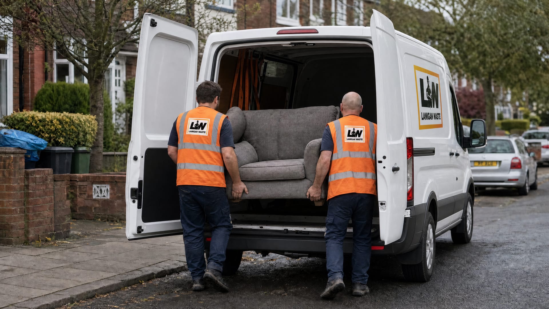Lanigan Waste crew carrying a sofa into their branded van in Surbiton