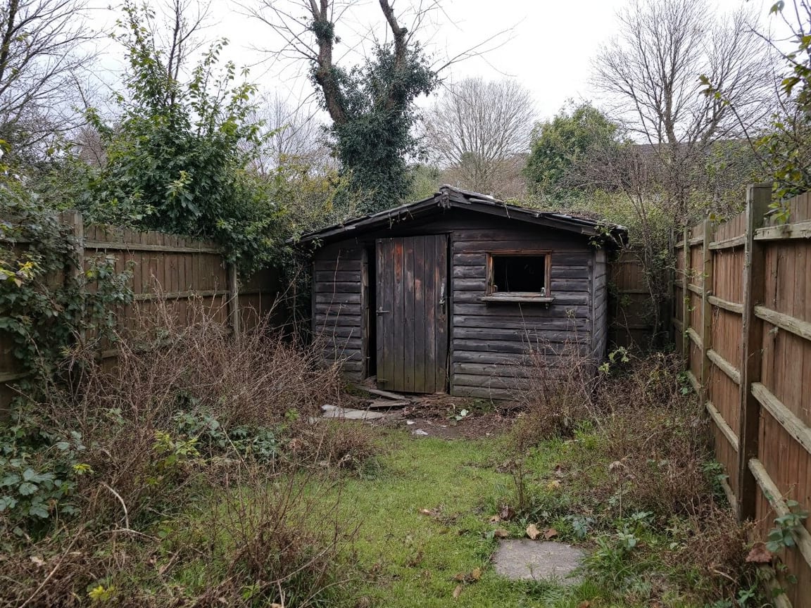 Overgrown garden with a collapsing old shed before the rip-out
